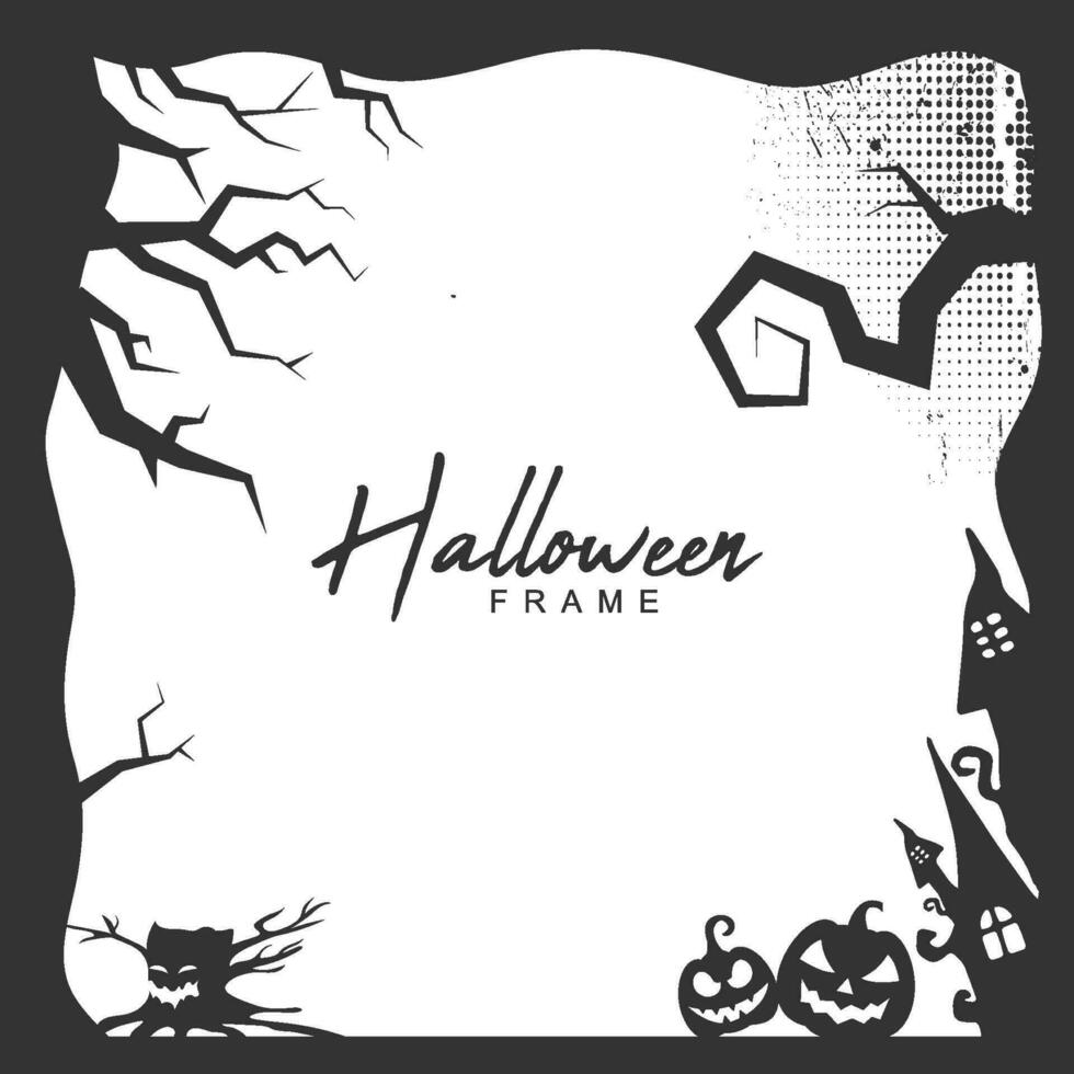 Halloween grunge frame border with creepy tree and haunted house vector