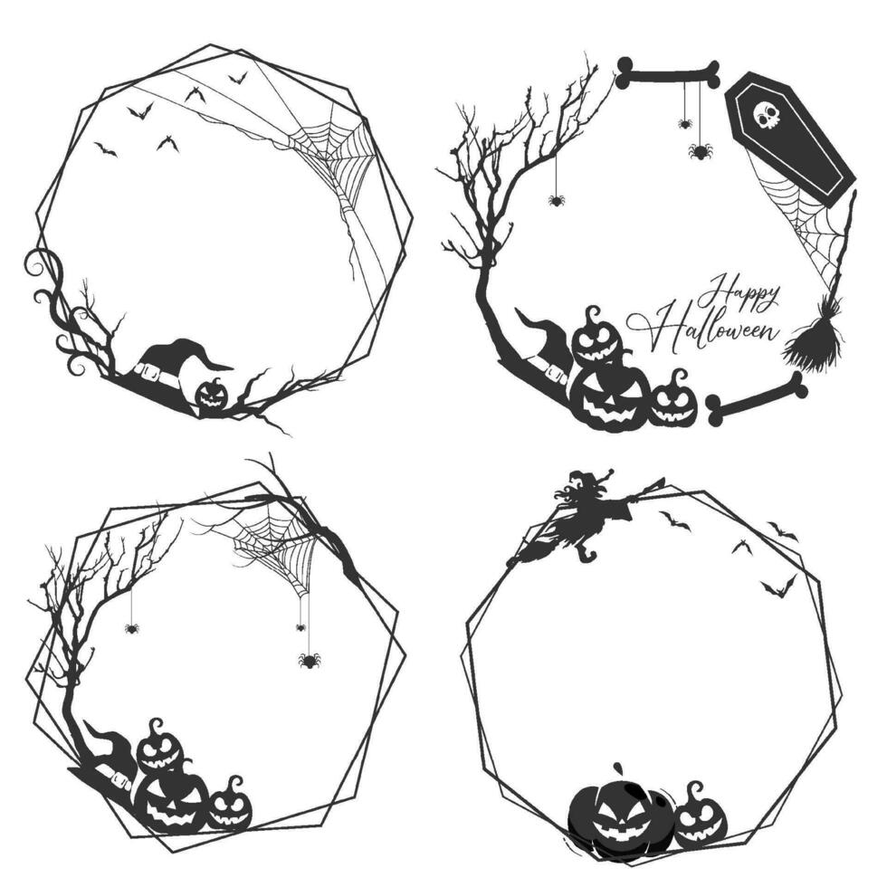 Halloween hexagonal frame border with spider net and halloween tree vector