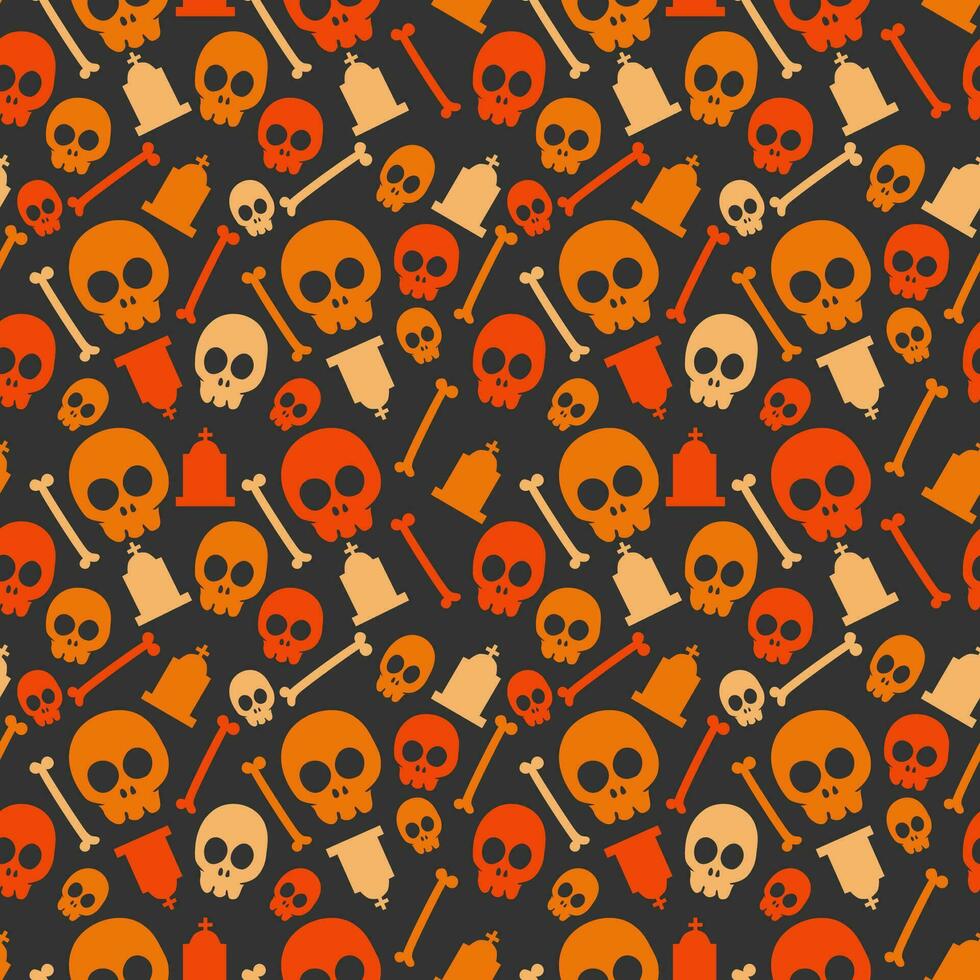 Halloween pattern with halloween skull tombstone and bones in different colors on dark background vector