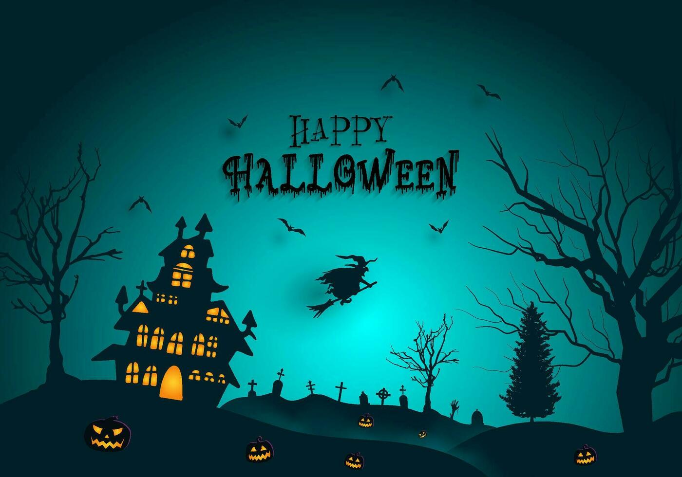 Scary halloween background with cemetery tombstone flying witch and hunted castle. Dark blue template vector