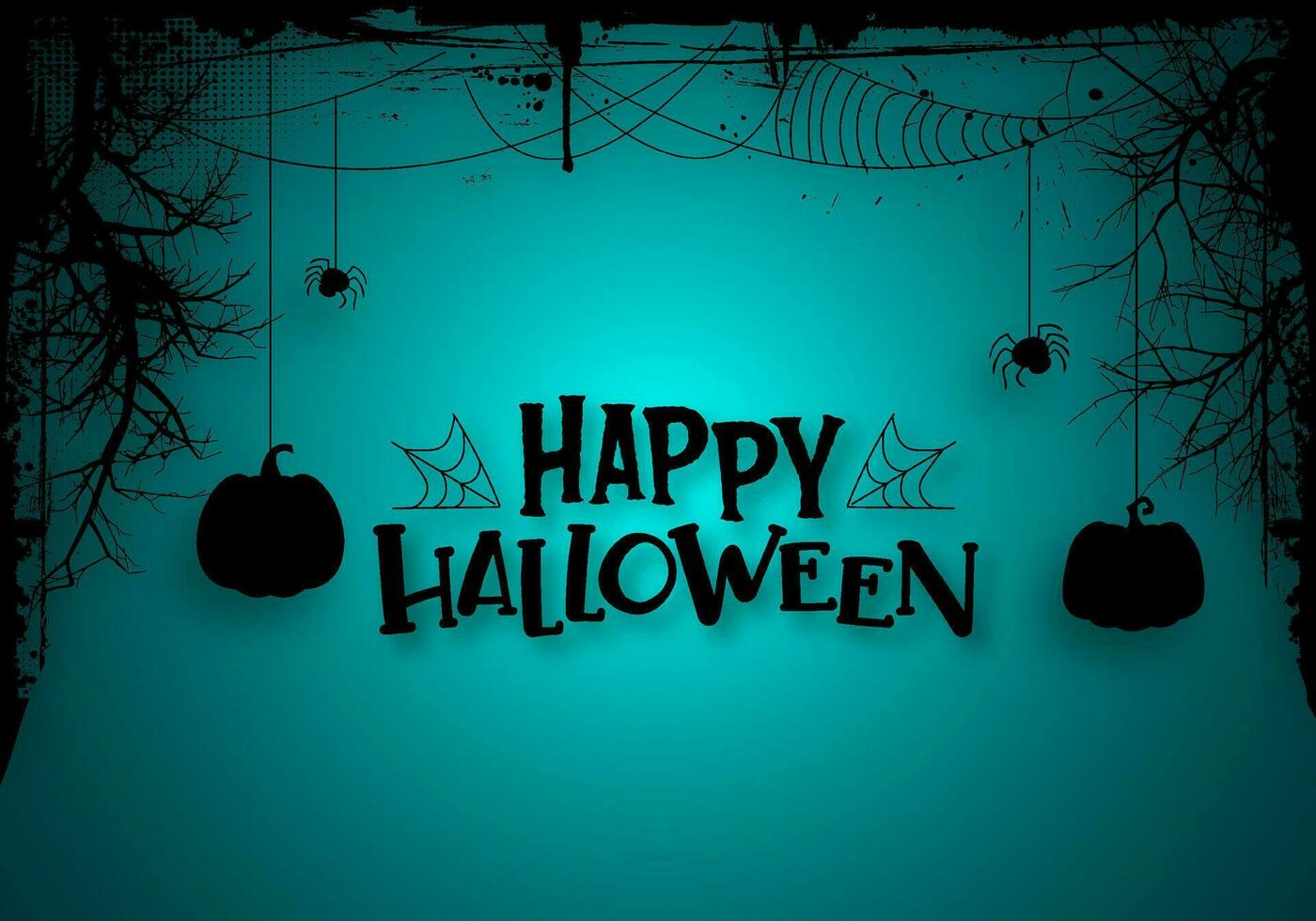 Happy halloween background with grunge border and creepy dead tree with spider webs vector