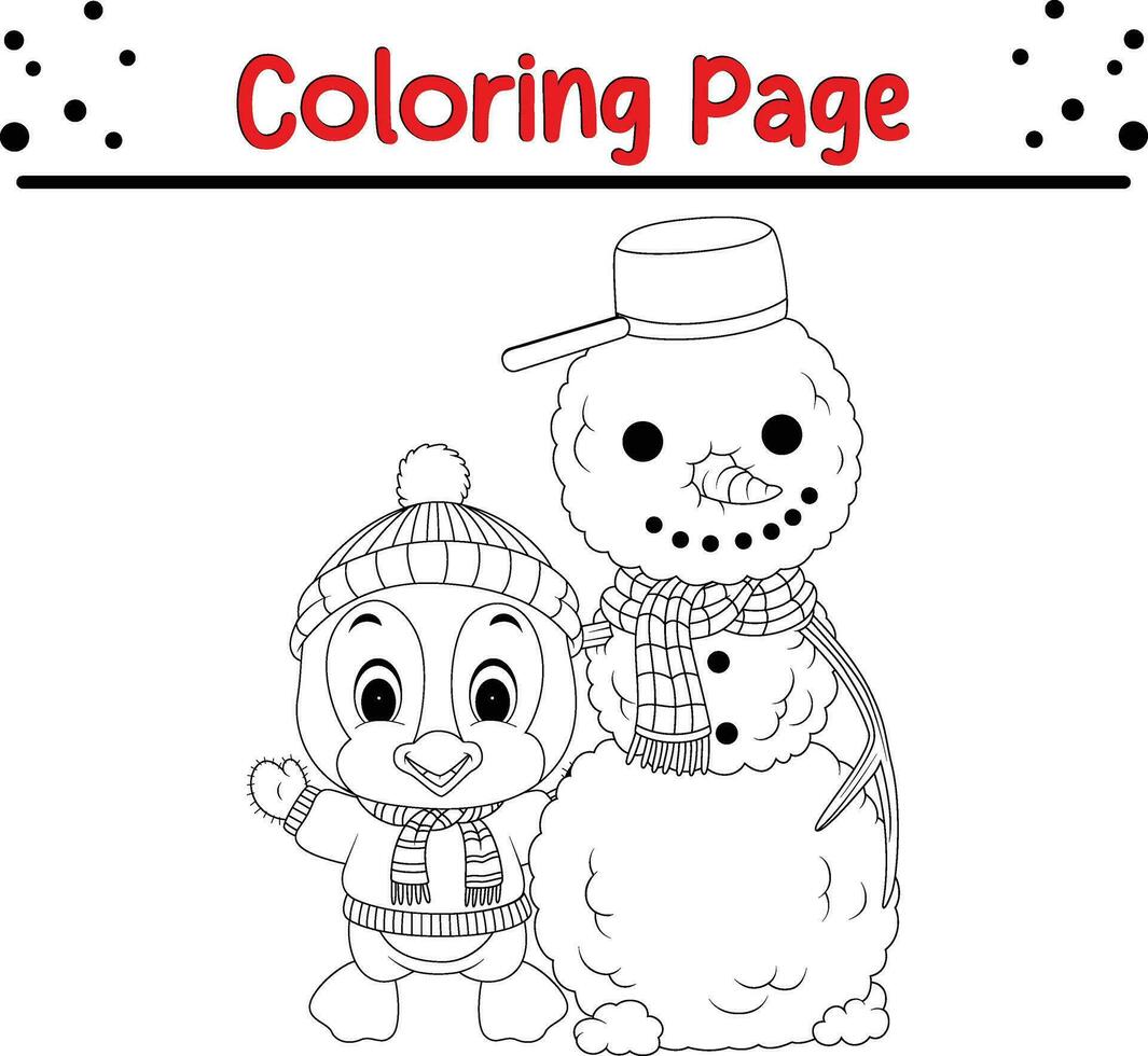 Christmas Snowman and penguin coloring page for kids vector