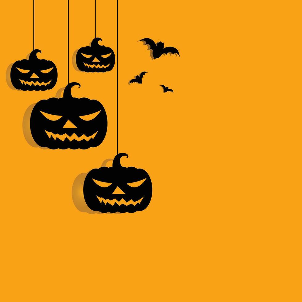 Halloween card, pumpkin, devil bat, orange background Vector format