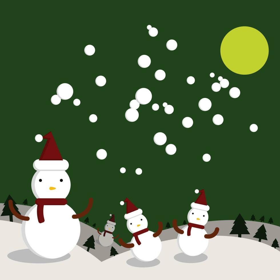 Christmas festival, snowman, falling snow, moonlight, vector illustration, greeting card