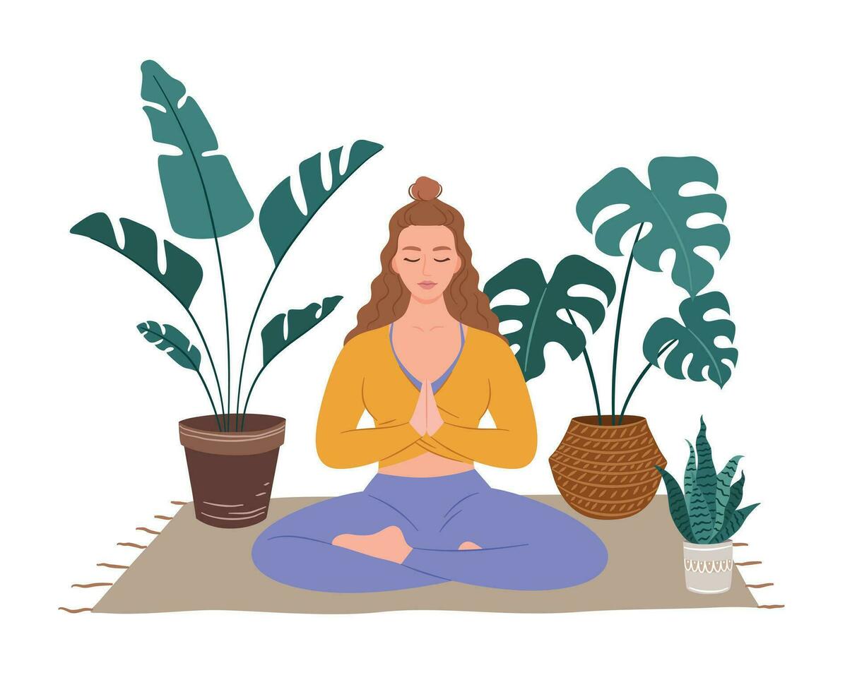 Beautiful woman meditating in a room surrounded by plants. Inspiring illustration for yoga. Vector illustration in flat minimalistic style. Monstera and palm tree.