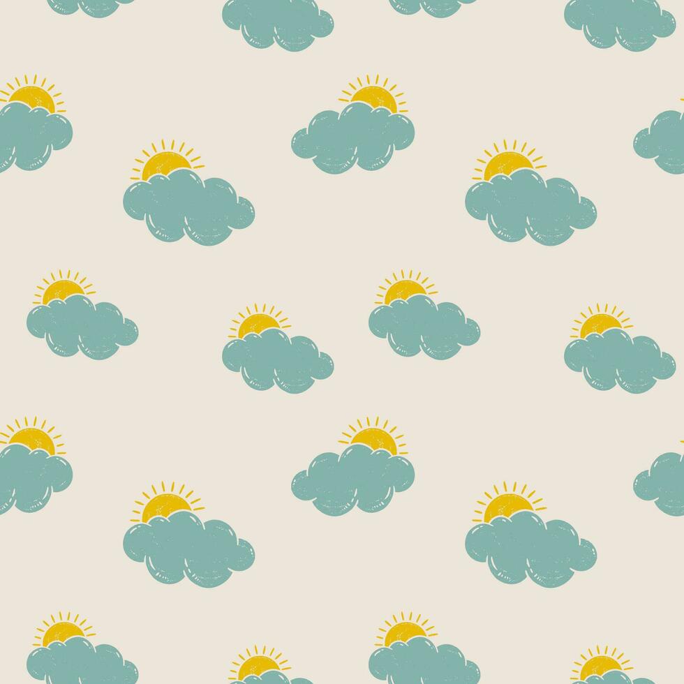 Hand drawn sun and cloud seamless pattern. Hand drawn textured lino cut style summer illustrations backdrop. Playful cute pinky wallpaper. vector