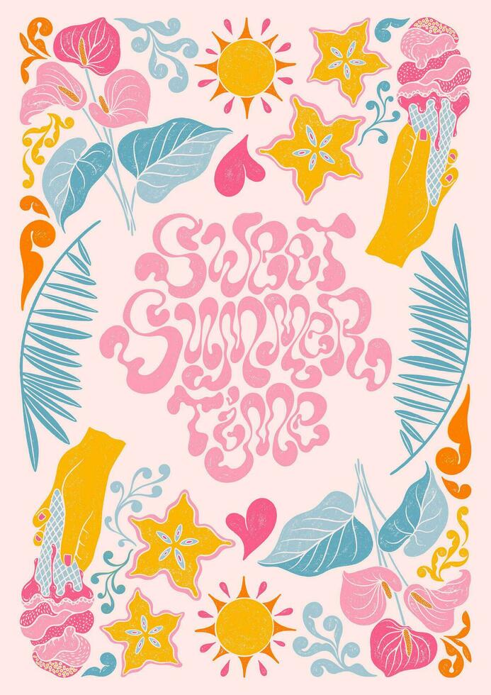 Sweet summer time - trendy liquid hand written lettering quote. Floral leaves decorative elements, exotic fruits, ice-cream, palm leaves, Anthurium flower. vector