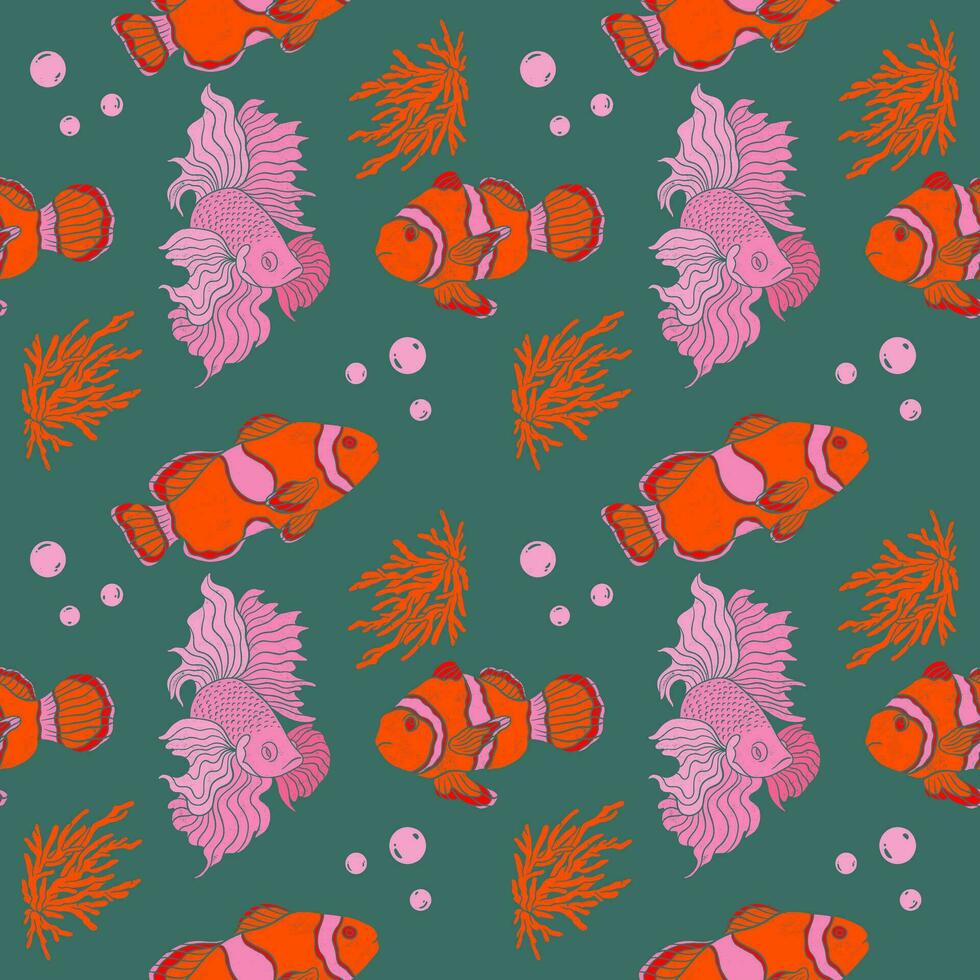Hand drawn clown fish, pink fish and corals seamless pattern. Textured lino cut style summer illustrations backdrop. Playful cute orange and green elegant wallpaper. vector