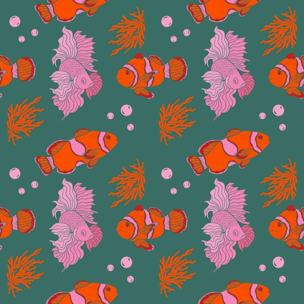 Hand drawn clown fish, pink fish and corals seamless pattern. Textured lino cut style summer illustrations backdrop. Playful cute orange and green elegant wallpaper. vector
