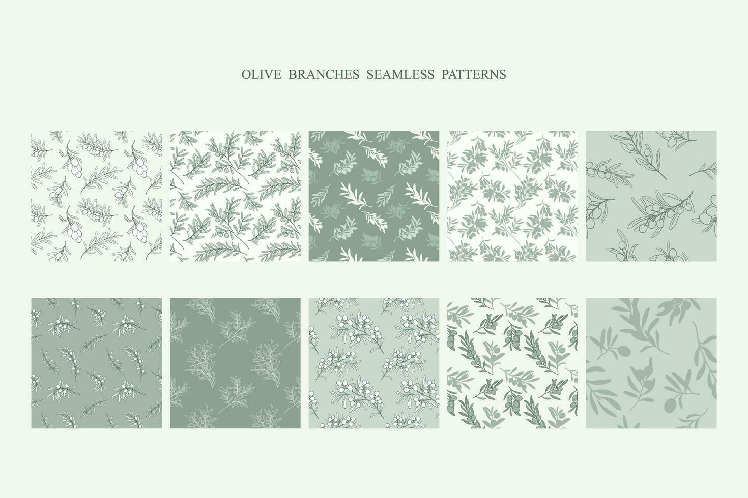 A set of hand drawn minimalistic line art olive branches . Vector modern floral seamless patterns. Elegant simple botanical drawings.