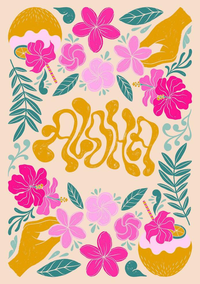 aloha - de moda líquido mano escrito letras cita. floral hojas decorativo elementos, flores, brotes texturizado grabado en linóleo estilo mano dibujado ornamento. vector