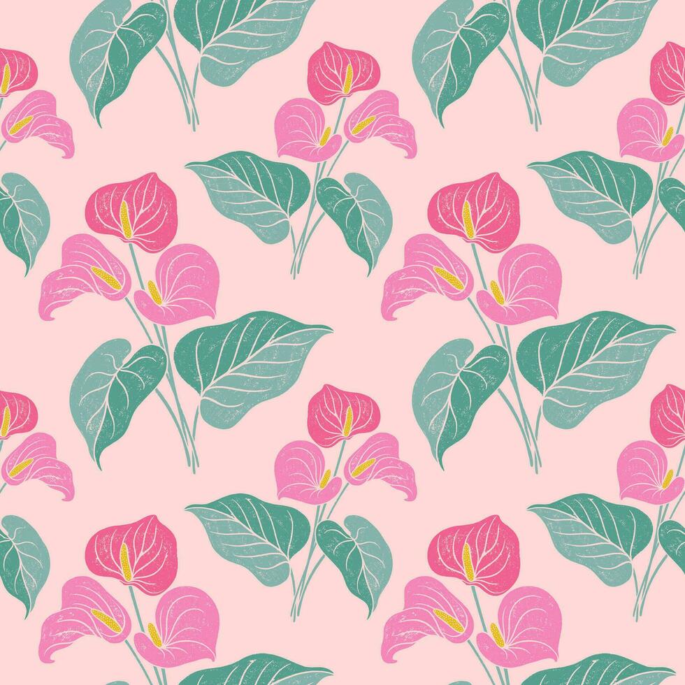 Anthurium tropical flowers seamless pattern. Hand drawn textured lino cut style floral illustrations backdrop. vector
