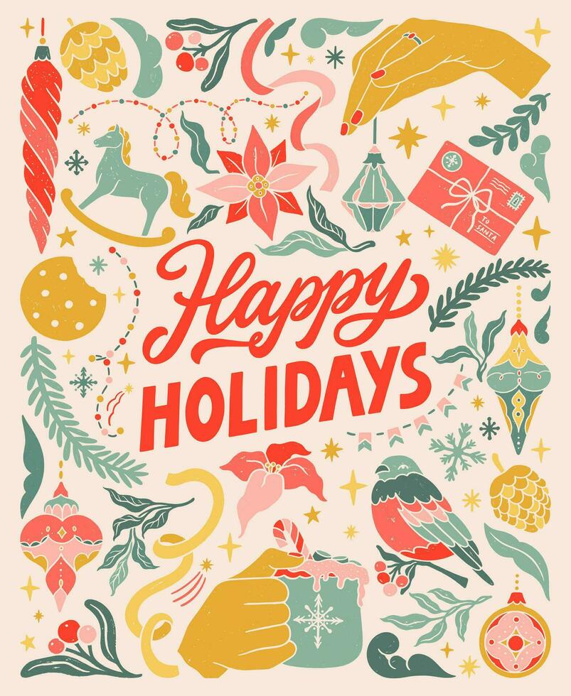 Happy Holidays. Vintage greeting card. Linocut typographic banner. Colorful floral elements. Christmas decorations, crackers, garlands, bell, ribbon bow, cocoa cup and sparklers illustrations. vector