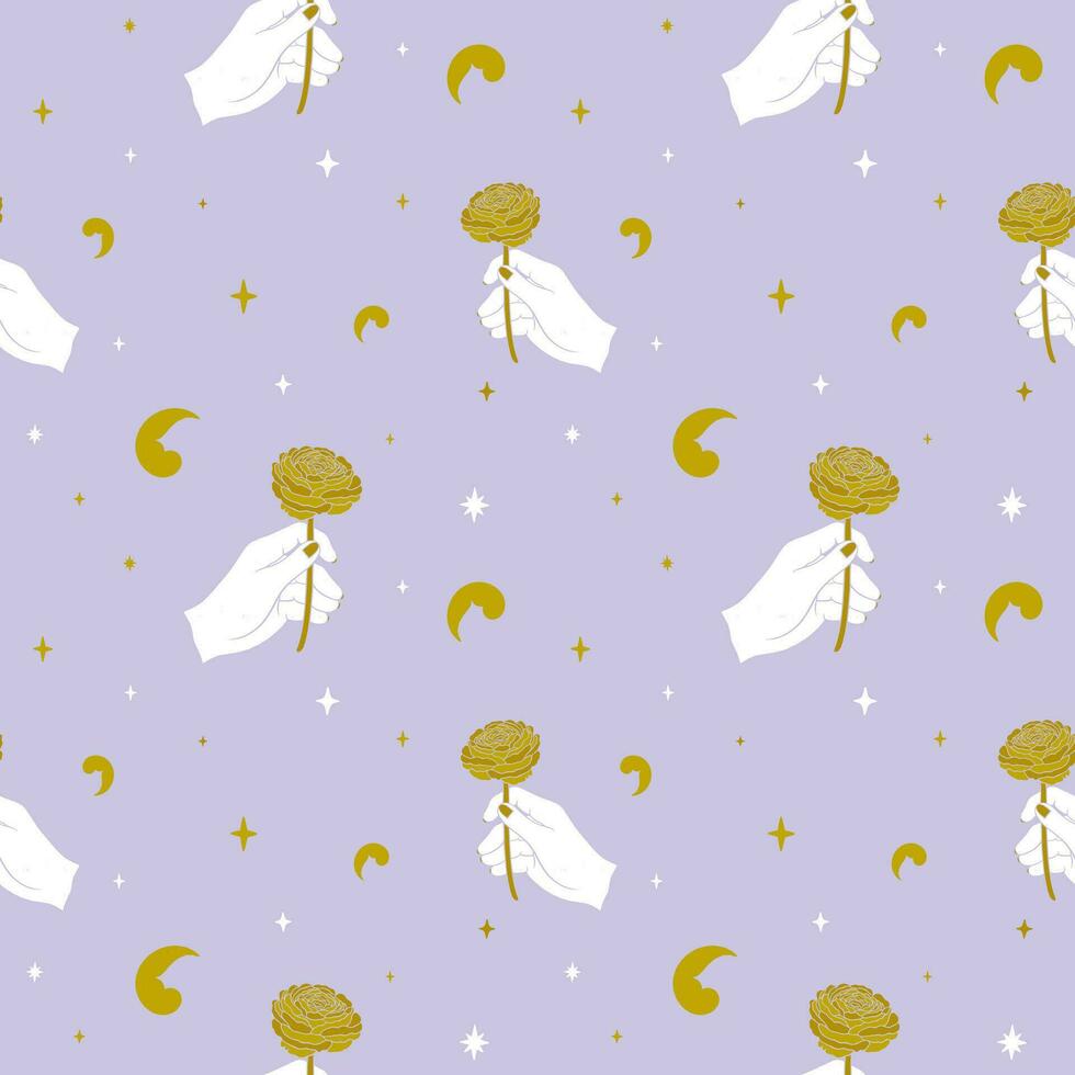 Celestial seamless pattern with stars and hand holding a flower. Esoteric mystical background. Lilac and golden colors. vector