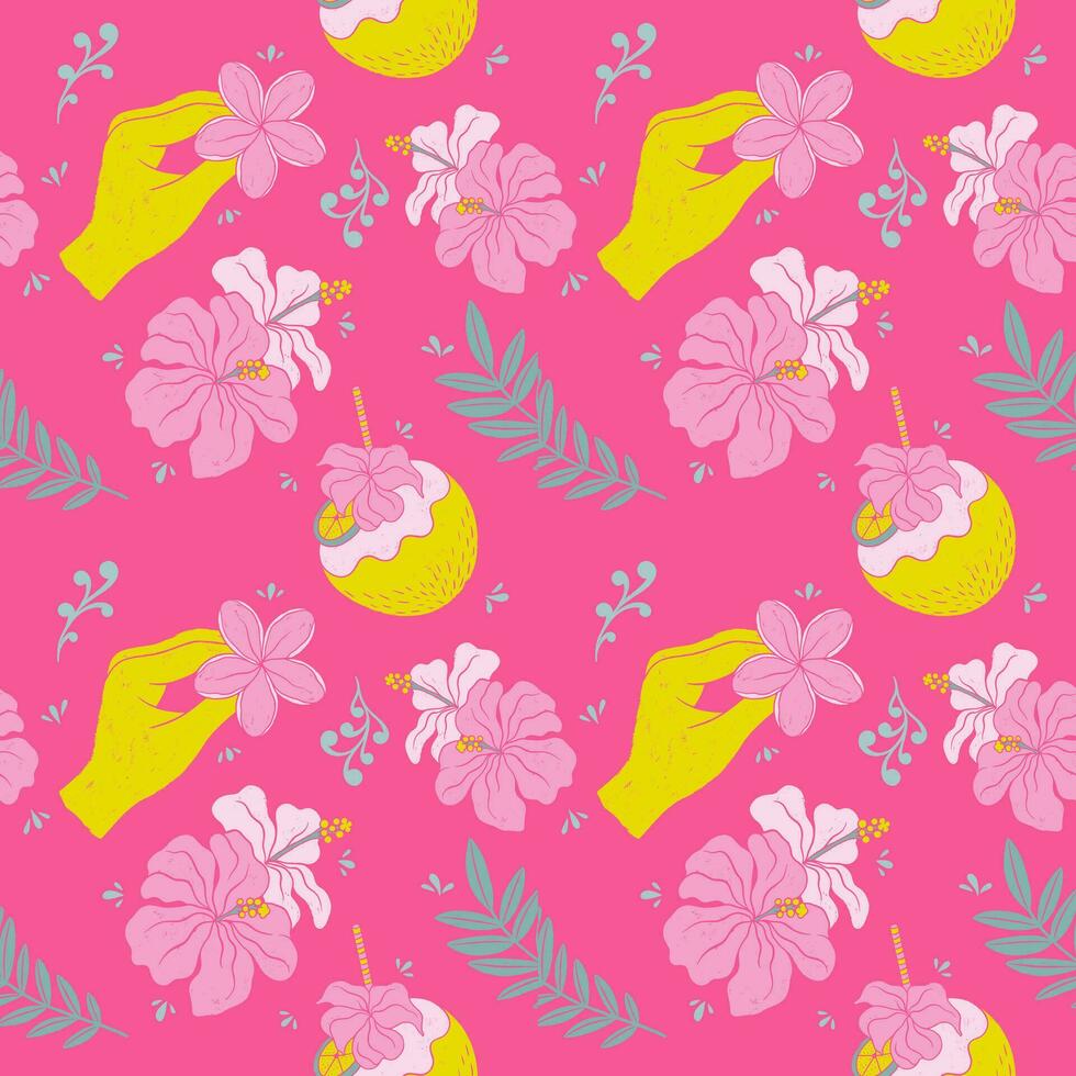 Hand drawn coconut, hibiscus and tropical flowers seamless pattern. Textured lino cut style summer illustrations backdrop. Playful cute bright yellow and pink colors wallpaper. vector