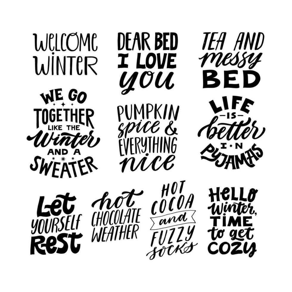 Set of cozy winter or autumn quotes. Hand written lettering quote. Modern typography signs. Inspirational fall quotes. Modern brush lettering, textured ink typography. vector