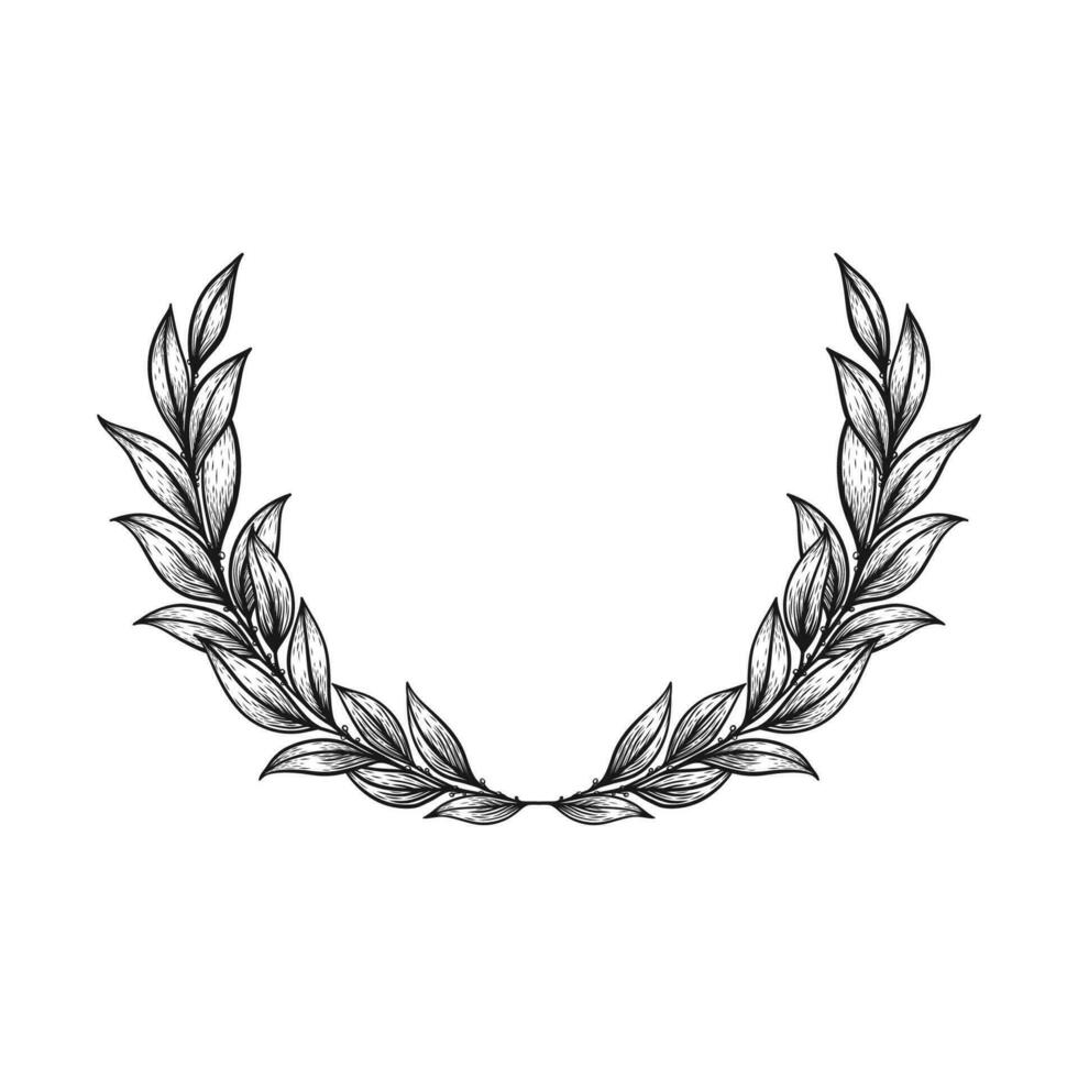 Laurel wreath hand drawn in vintage line art style. Victory symbol, elegant sketch design. Isolated on white background. Floral decorative element for wedding. vector