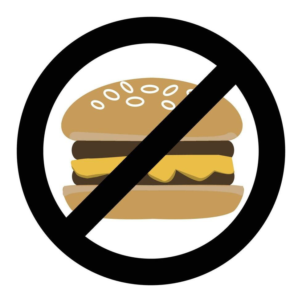 No fast food, ban hamburger symbol. Prohibited fast food burger, banned unhealthy fastfood, dont sandwich, vector illustration