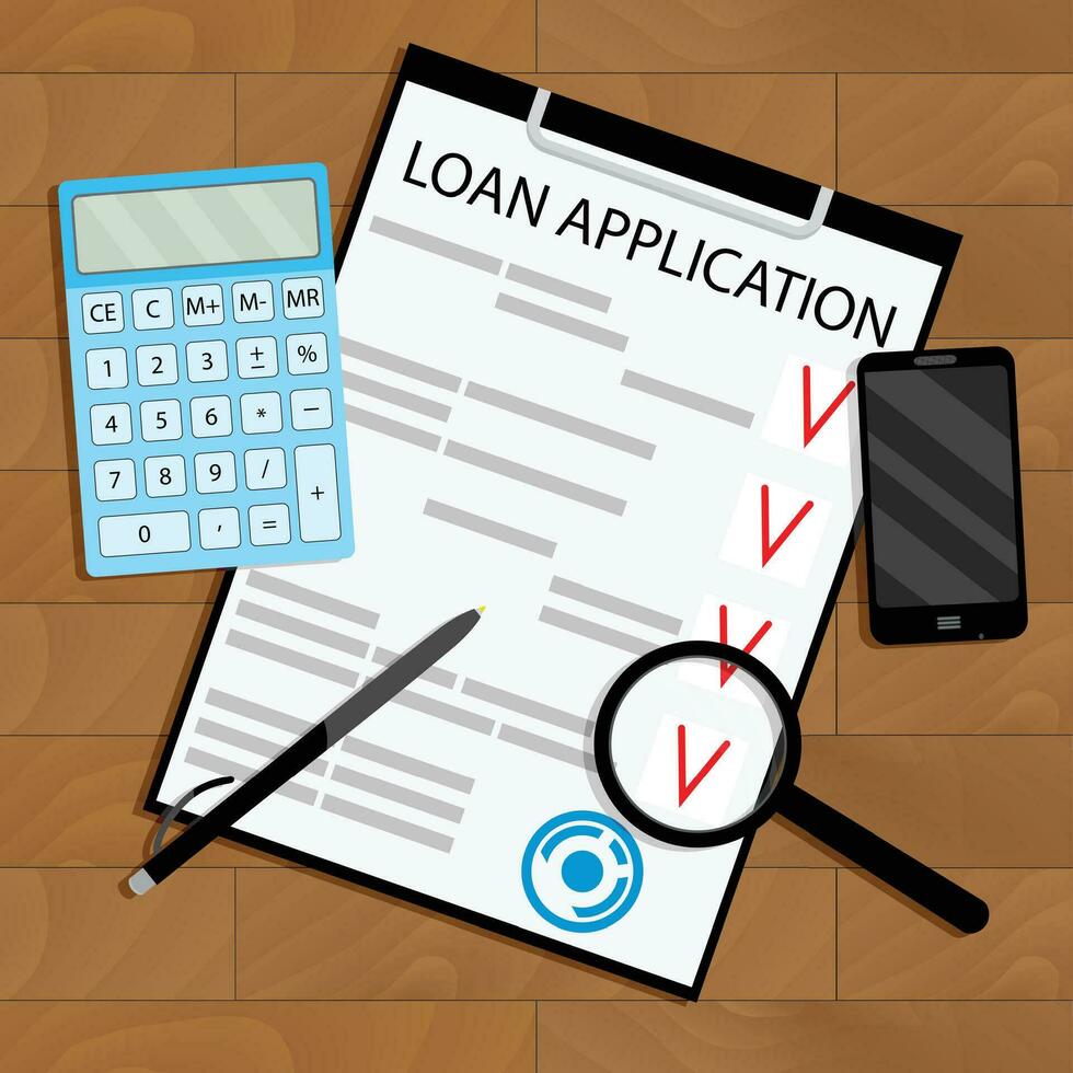 Calculate loan payments top view table. Payment to loan application on wooden table. Vector illustration