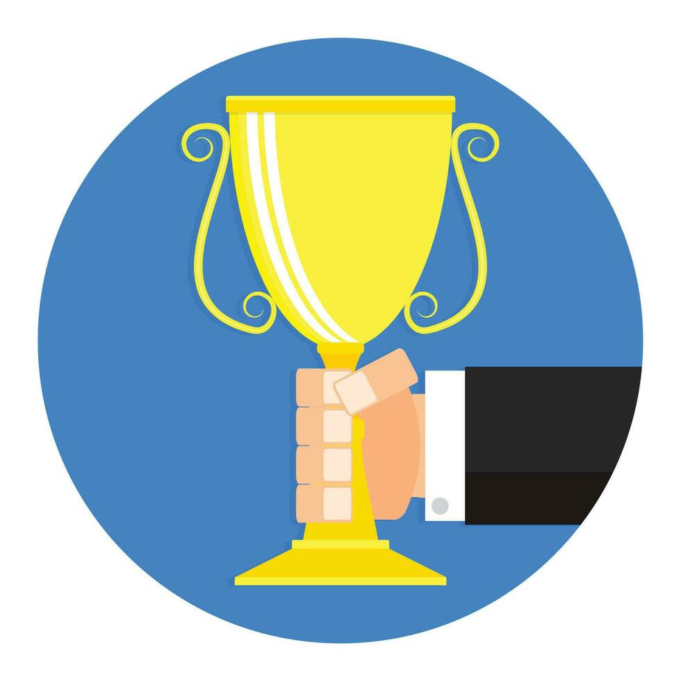 Golden cup in hand icon flat cartoon. Winner leadership hand trophy, reward, and victory, triumph badge label. Vector illustration