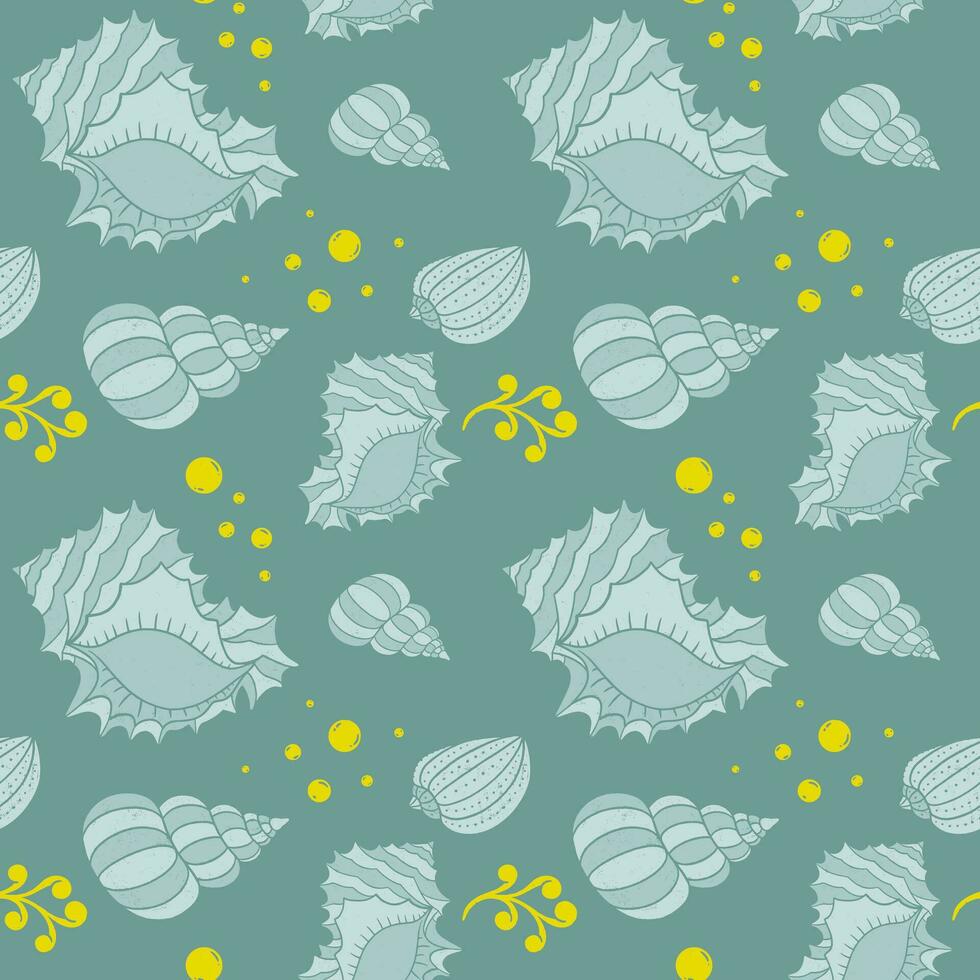 Hand drawn shells seamless pattern. Textured lino cut style summer illustrations backdrop. Playful cute pastel colors wallpaper. vector