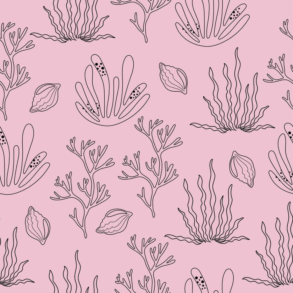 Hand drawn seamless pattern line art seaweeds. Vector design on pink background.