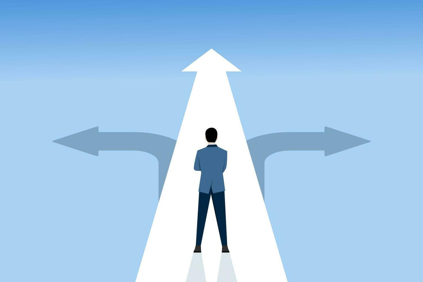 Businessman must choose between three different options indicated by arrows pointing in opposite directions concept, Choosing the right path. Choices and decisions, path selection dilemmas. vector