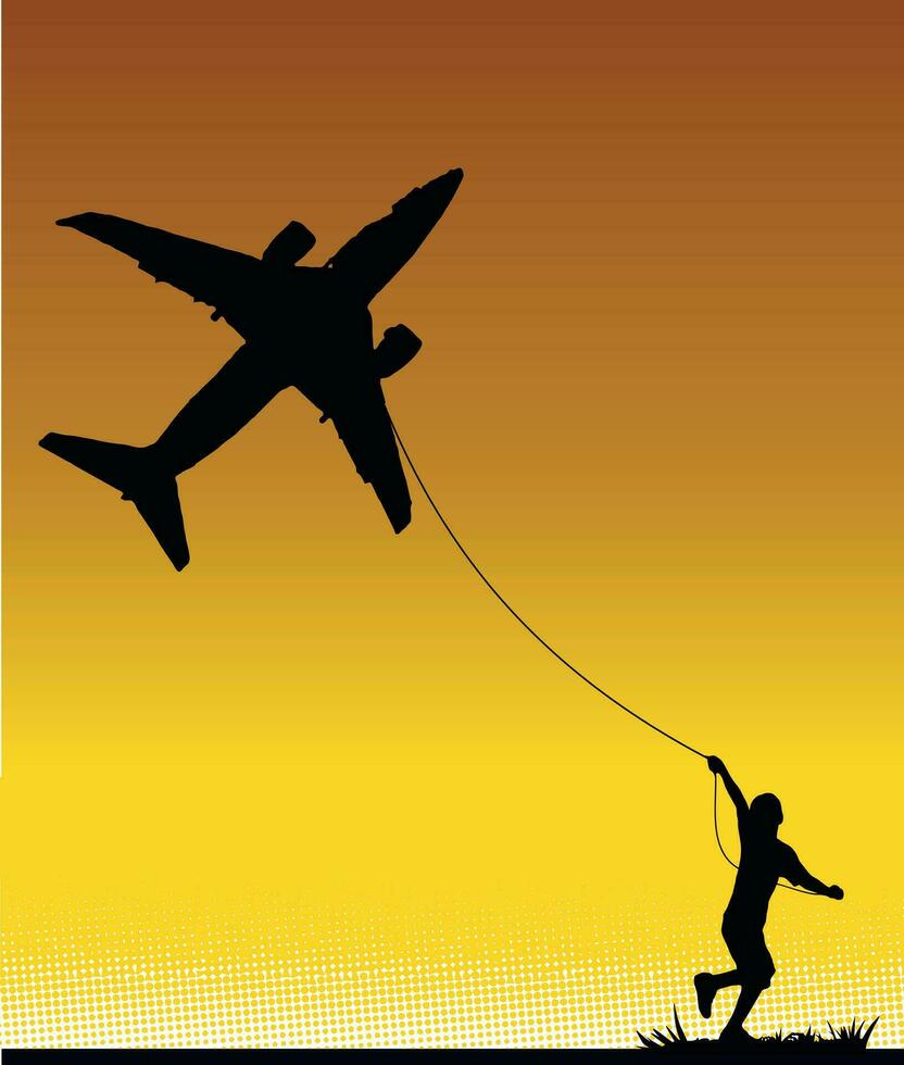 Surrealistic vector illustration of boy flying a plane, as if it were a kite.