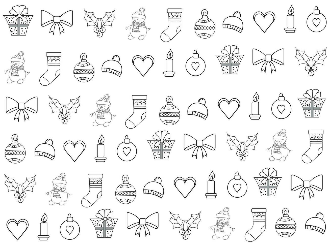 Christmas icon set with snowflakes, hats, star, Christmas tree, balls, orange, sock, gift, drink and garlands. Vector icons for business and holidays