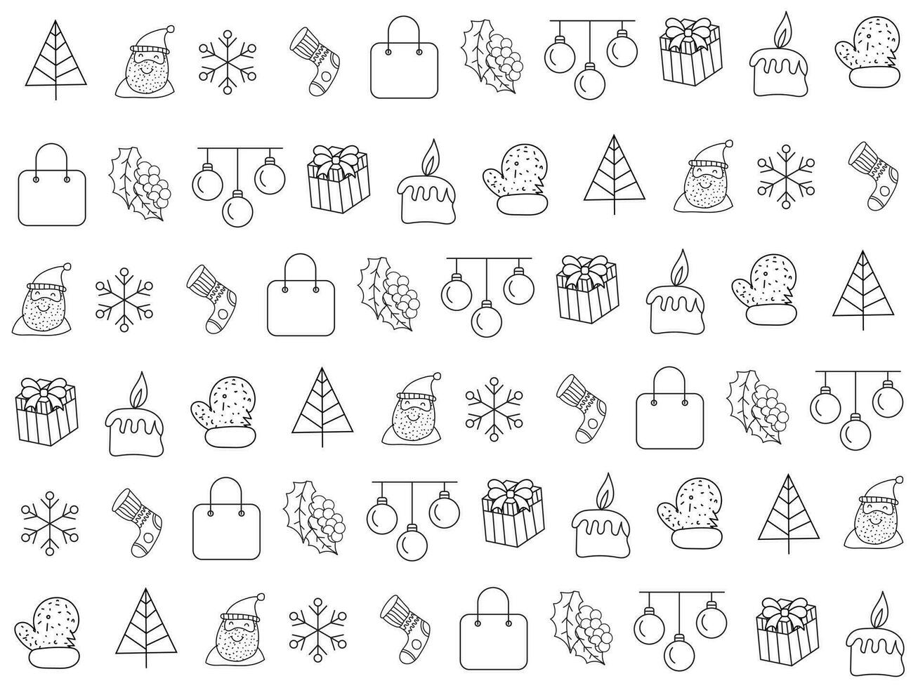 Christmas icon set with snowflakes, hats, star, Christmas tree, balls, orange, sock, gift, drink and garlands. Vector icons for business and holidays