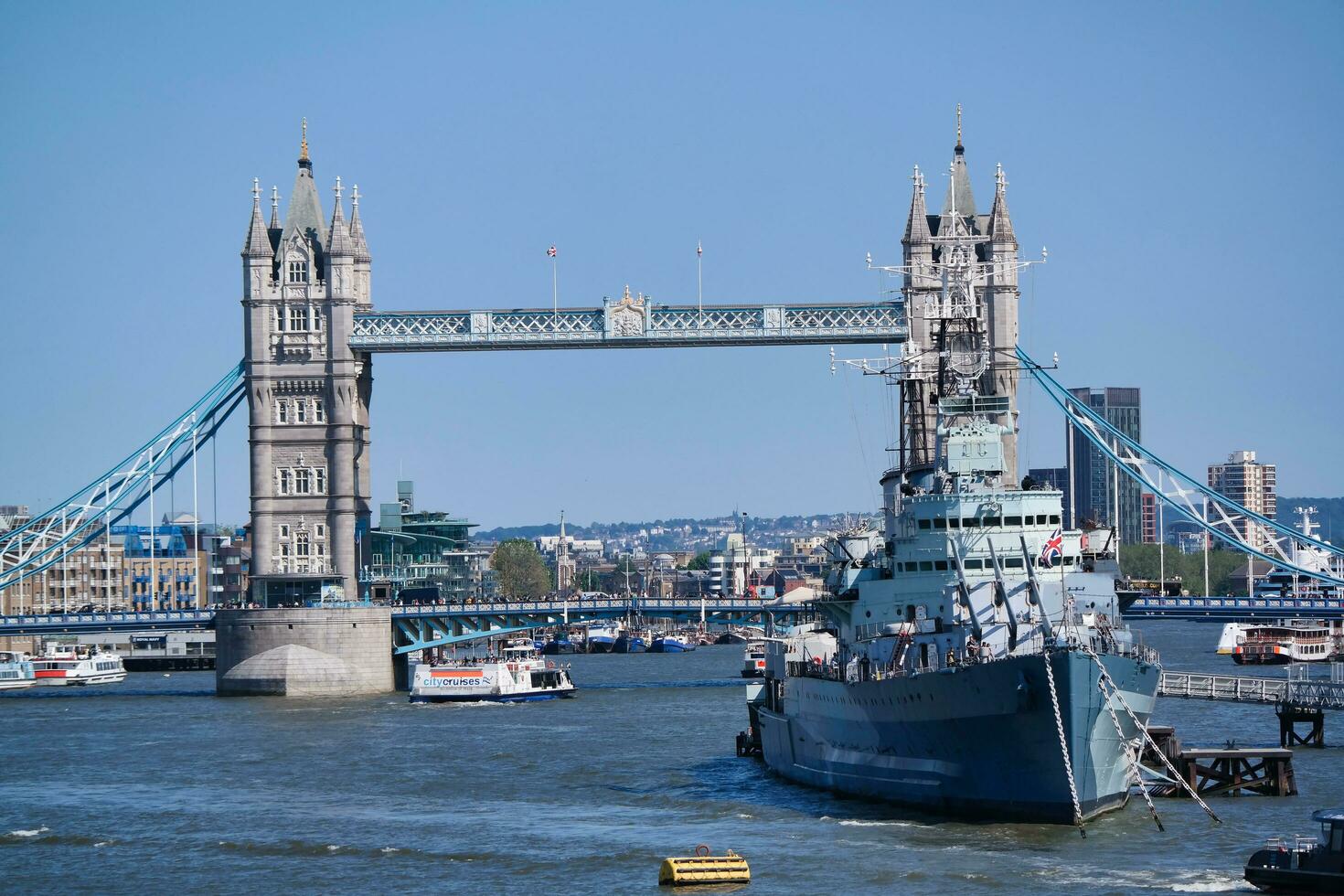 Best View of Boat over River Thames Waters at London Bridge, Capital City of England Great Britain. The Image Was Captured June 4th, 2023 photo