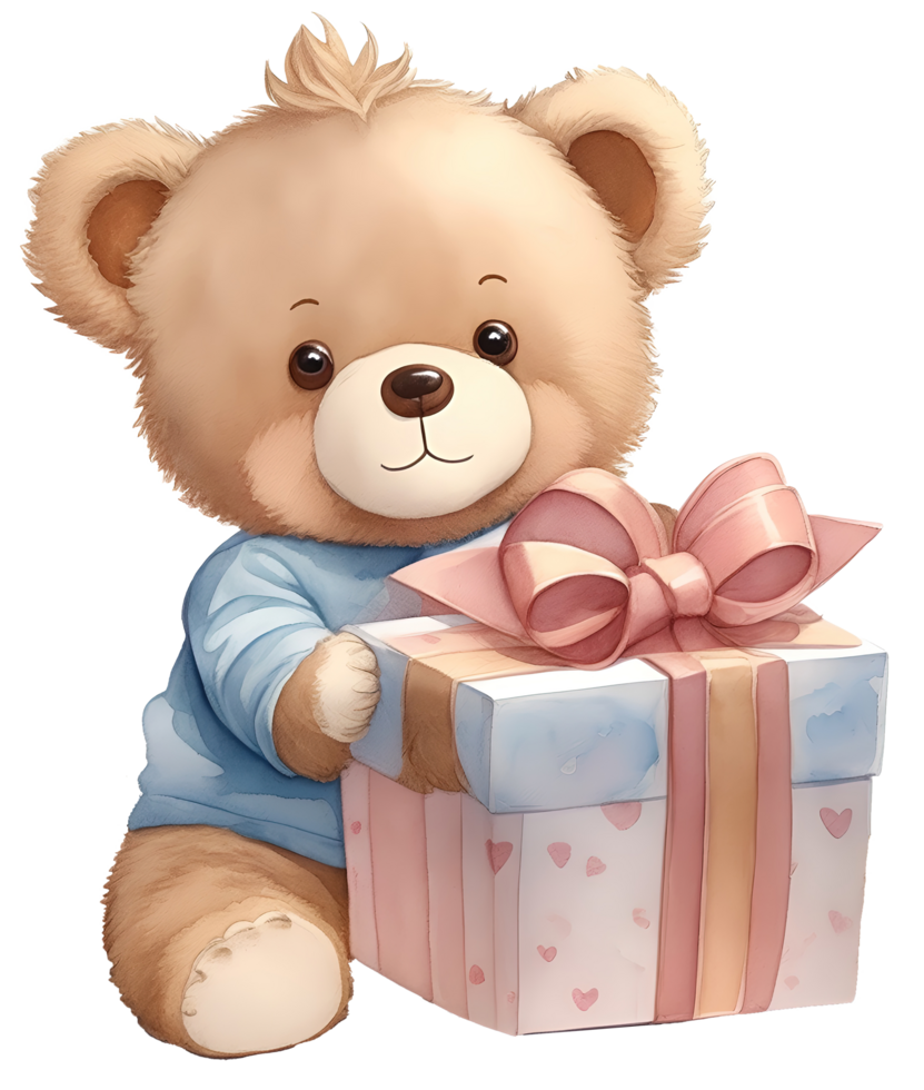 Cute teddy bear with a gift box. AI Generative png