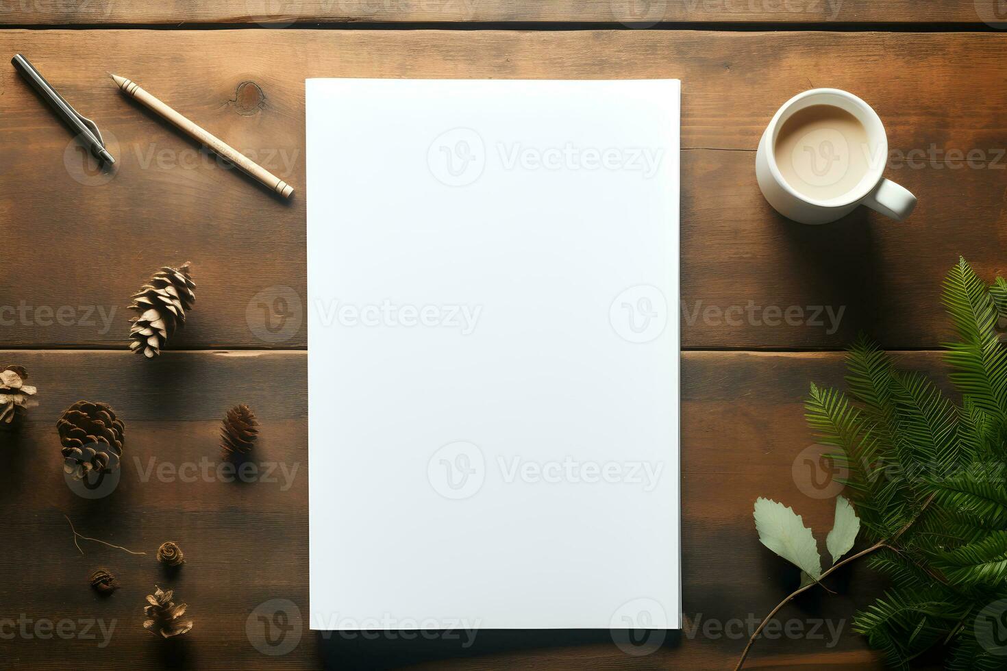 minimalista plano laico blanco llanura papel, café, y follaje en madera mesa, ai generado foto
