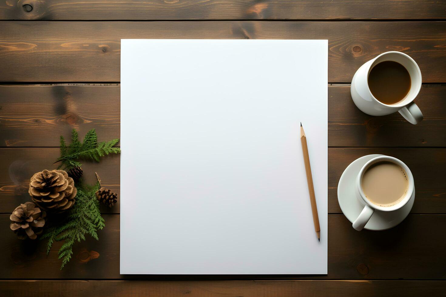 Flat Lay Top View White Plain Paper on Wooden Table with Coffee and Foliage, ai generated photo