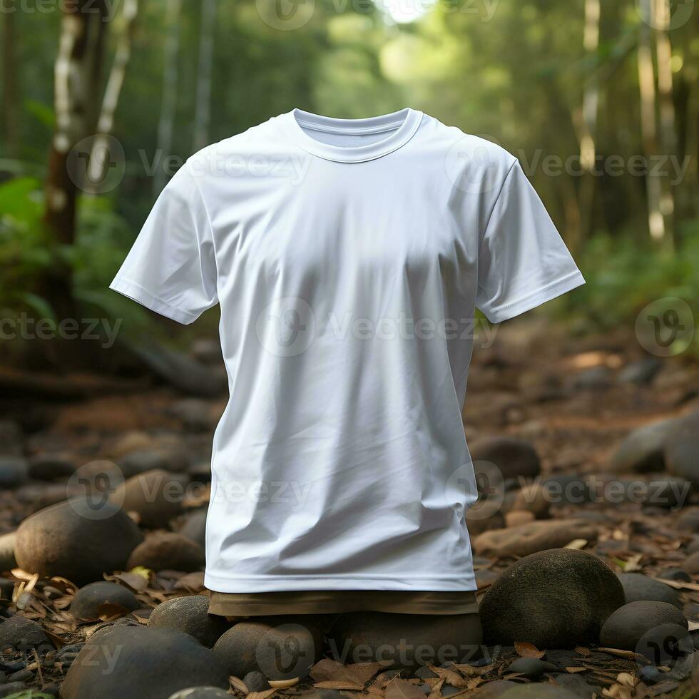 White Tee Mockup in Nature Setting Forest Background Elegance, ai generated photo