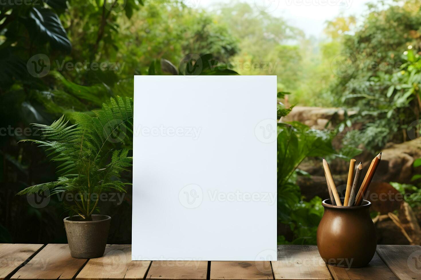 White Paper Mockup on Wooden Surface with Natural Foliage Background, ai generated photo