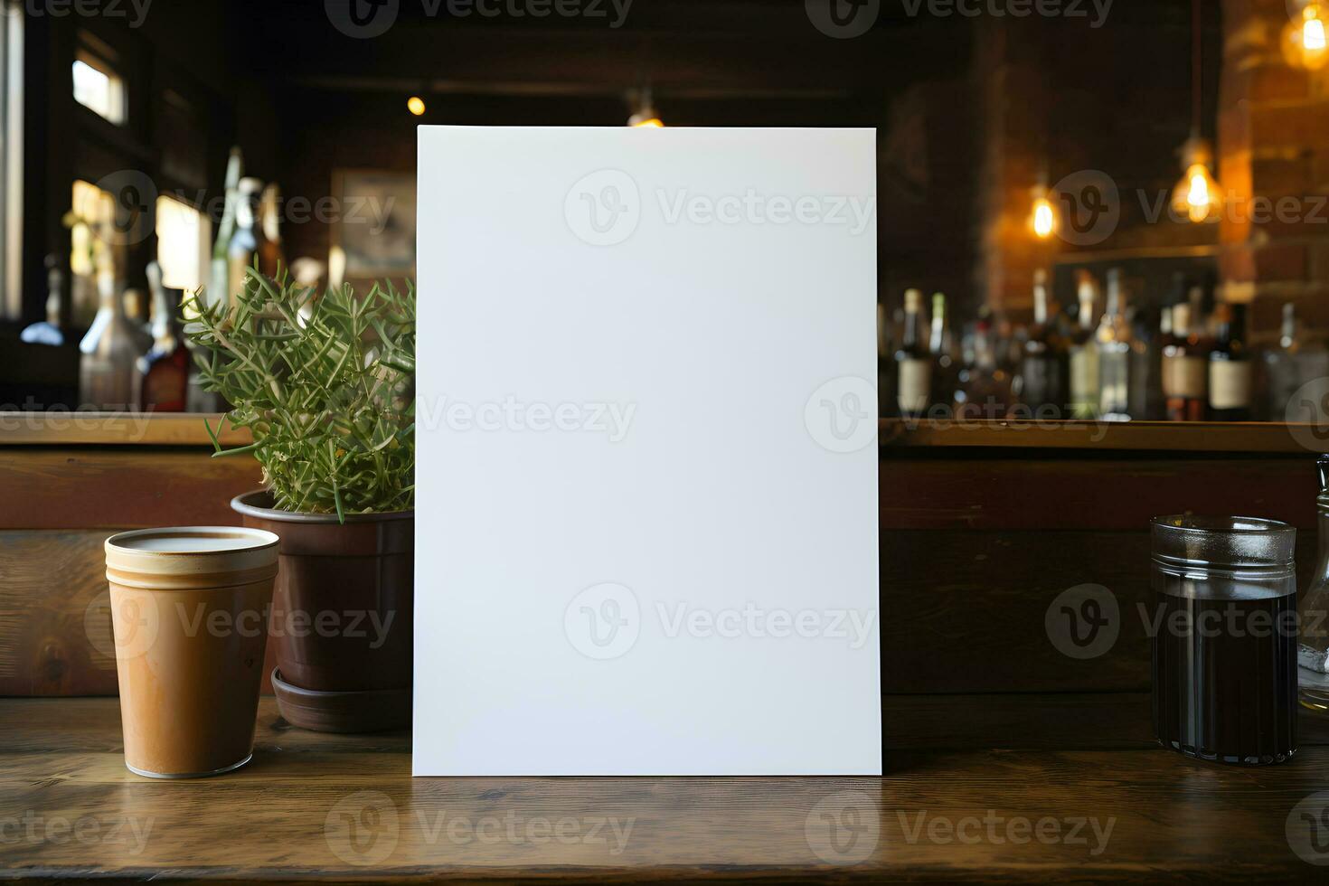 White Plain Paper on Wooden Table in Cafe Restaurant Interior Decor, ai generated photo