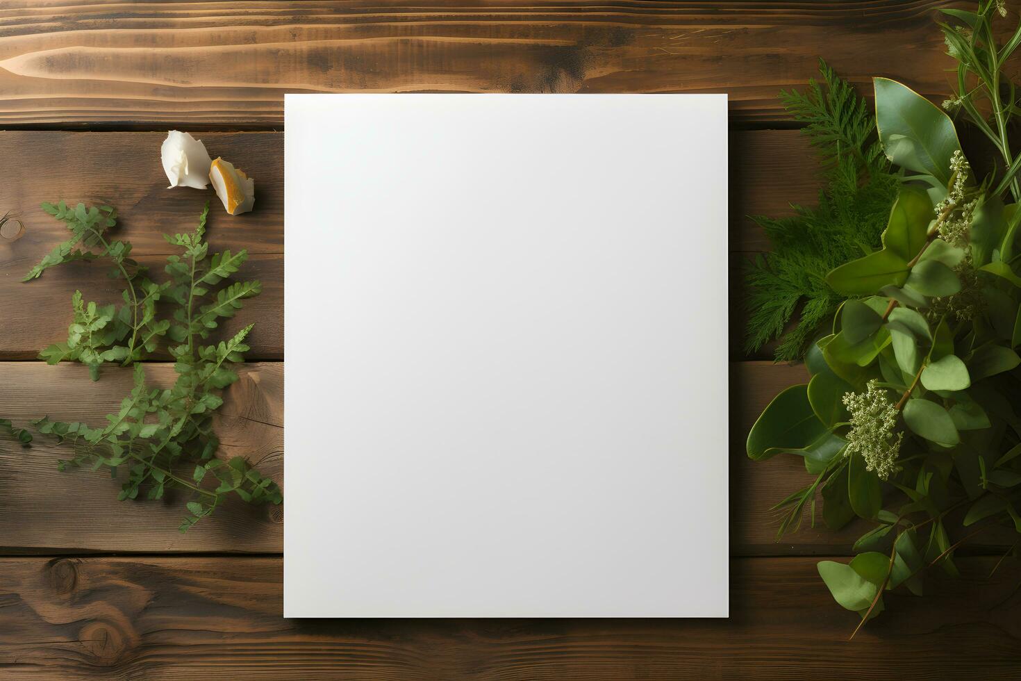 Top Down View of White Plain Paper and Foliage on Wooden Table, ai generated photo