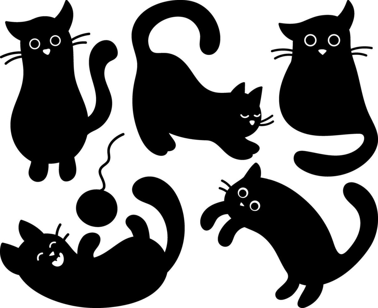 Collection of vector stickers of cute black silhouettes of cats