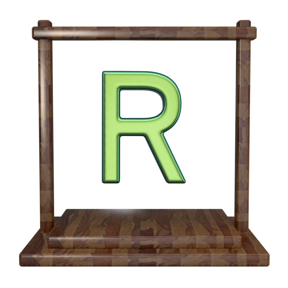 Letter R with frame 3D render with wooden material png