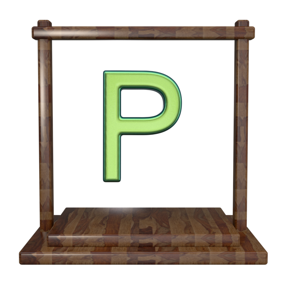 Letter P with frame 3D render with wooden material png