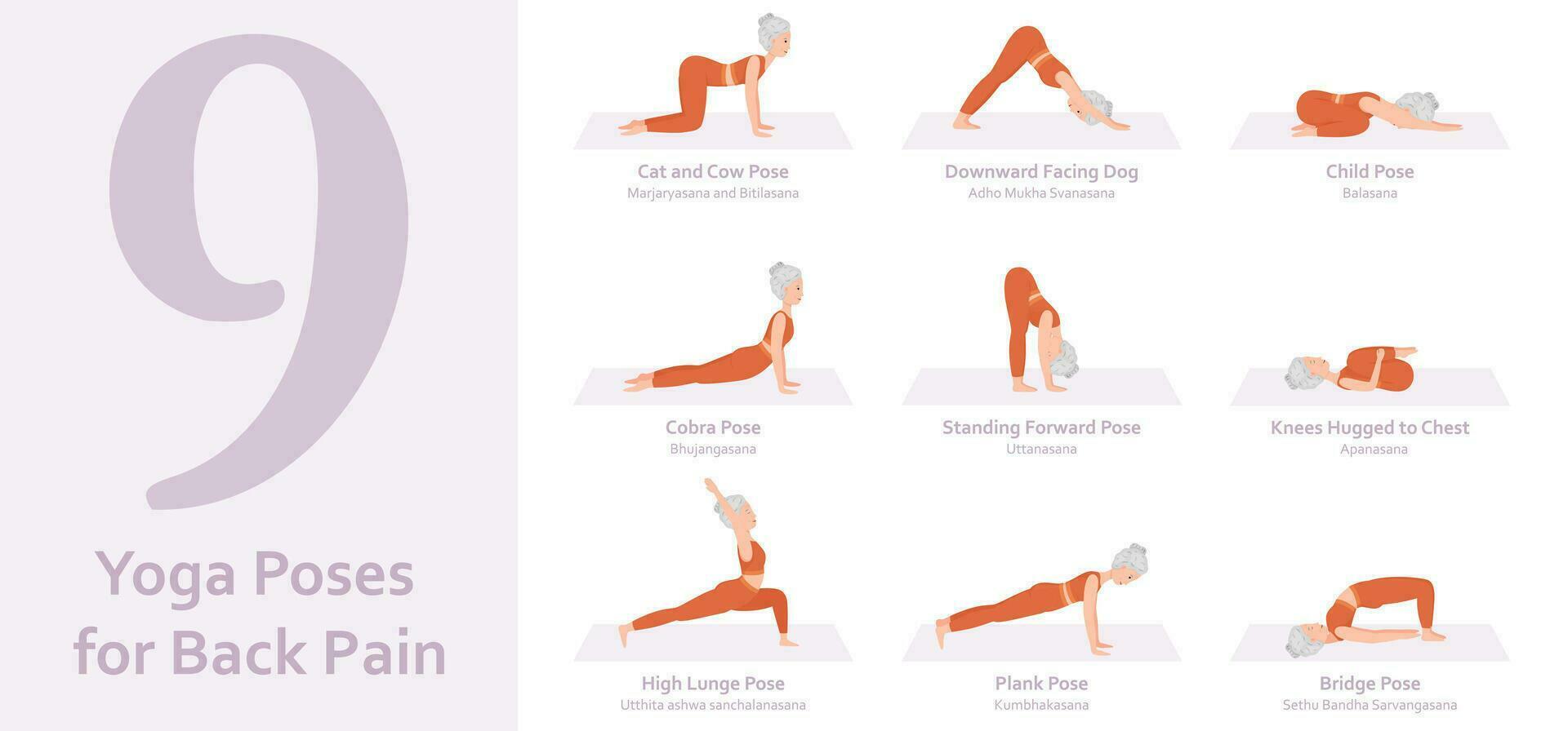 Yoga poses for Abs. Elderly woman practicing yoga asana. Healthy lifestyle. Full body yoga, fitness, aerobic and exercises workout. Flat cartoon character. Vector illustration