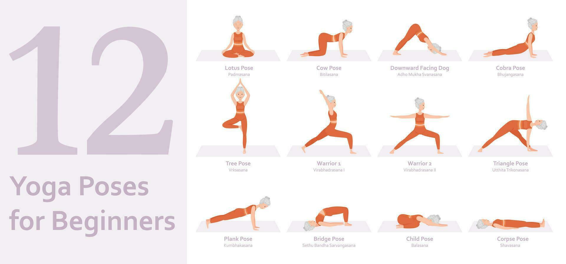 yoga poses para principiantes mayor mujer practicando yoga asanas sano estilo de vida. lleno cuerpo yoga, aptitud física, aerobio y ejercicios ejercicio. plano dibujos animados personaje. vector ilustración