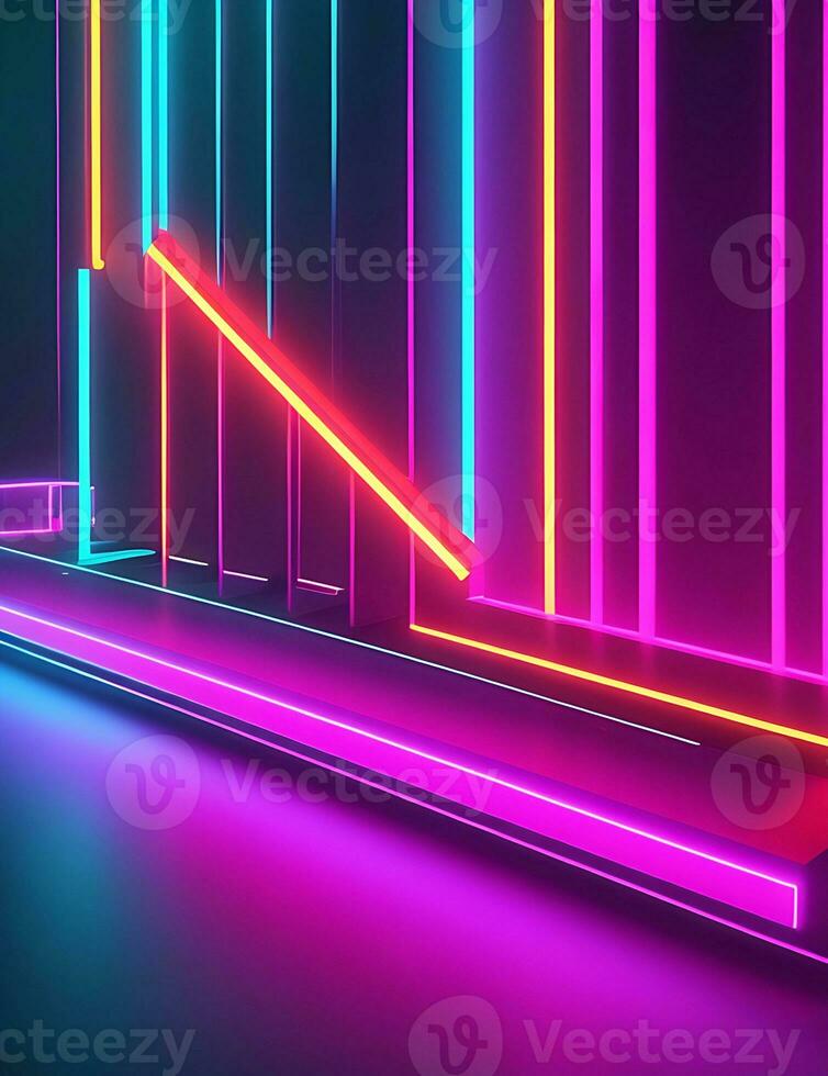 Neon Glowing Laser Liner Purple Blue Triangle Concrete Cement Columns Underground Tunnel Sci Fi Futuristic Dark Corridor Glowing White Led Lights Reflections Garage 3D Rendering photo