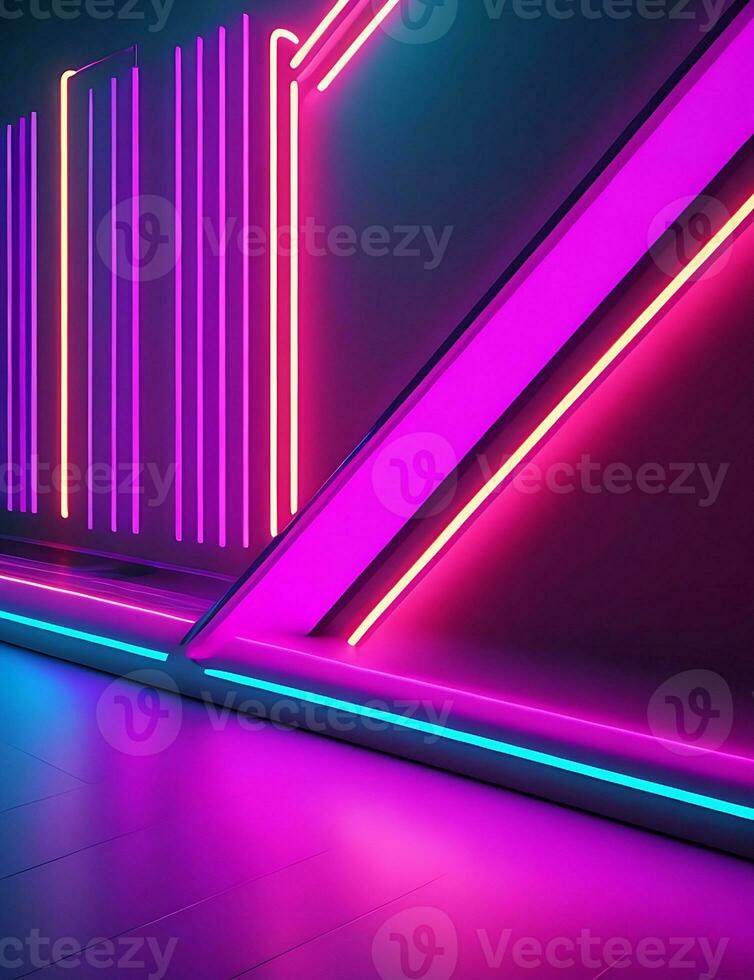 Neon Glowing Laser Liner Purple Blue Triangle Concrete Cement Columns Underground Tunnel Sci Fi Futuristic Dark Corridor Glowing White Led Lights Reflections Garage 3D Rendering photo