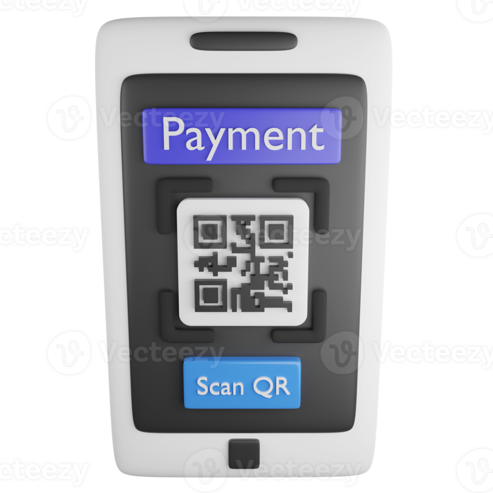 Payment by QR code on smartphone clipart flat design icon isolated on transparent background, 3D render online shopping concept png