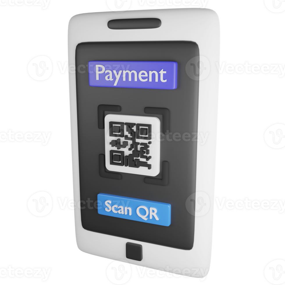 Payment by QR code on smartphone clipart flat design icon isolated on transparent background, 3D render online shopping concept png