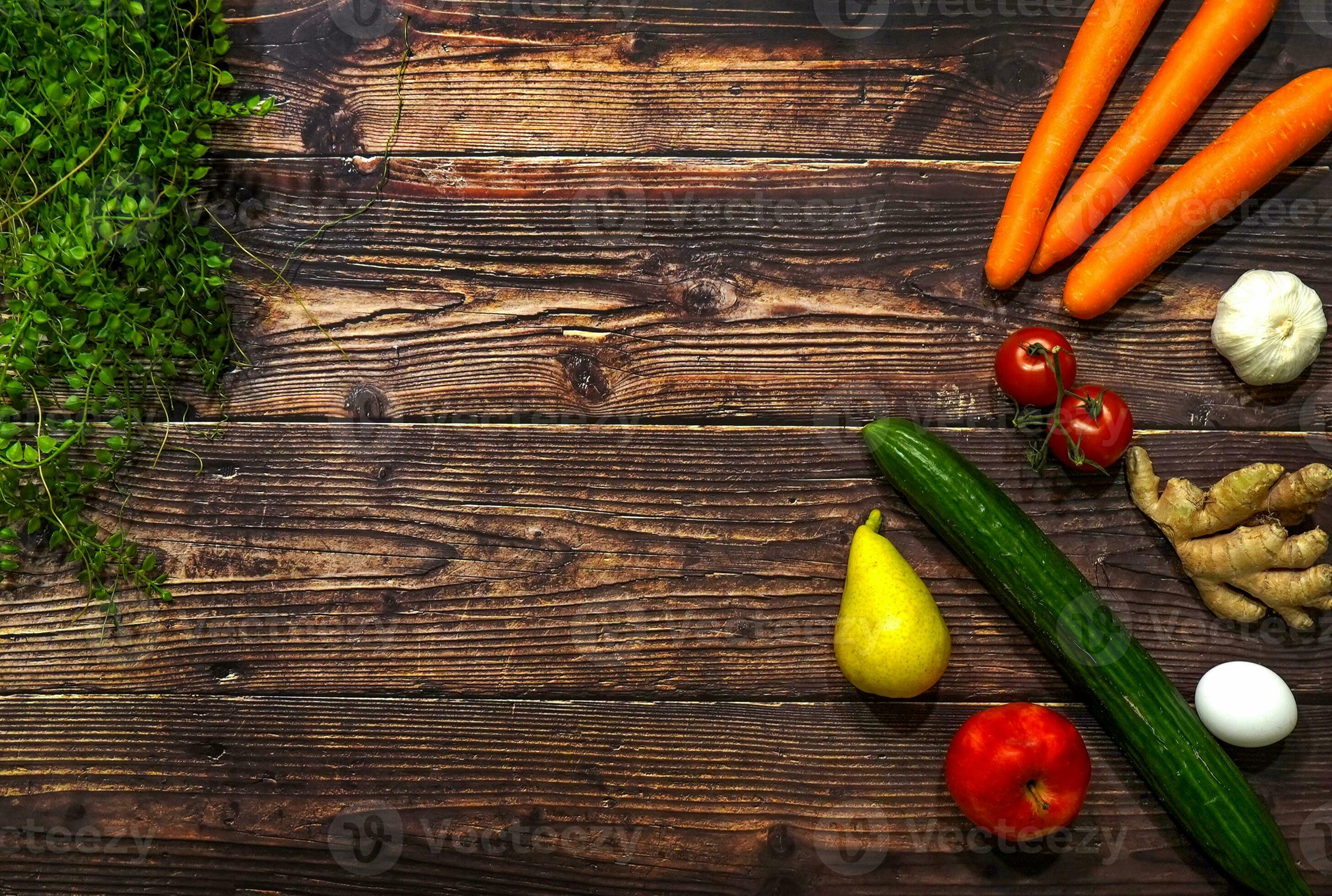 Fresh food on wood table health vegetable restaurant background kitchen