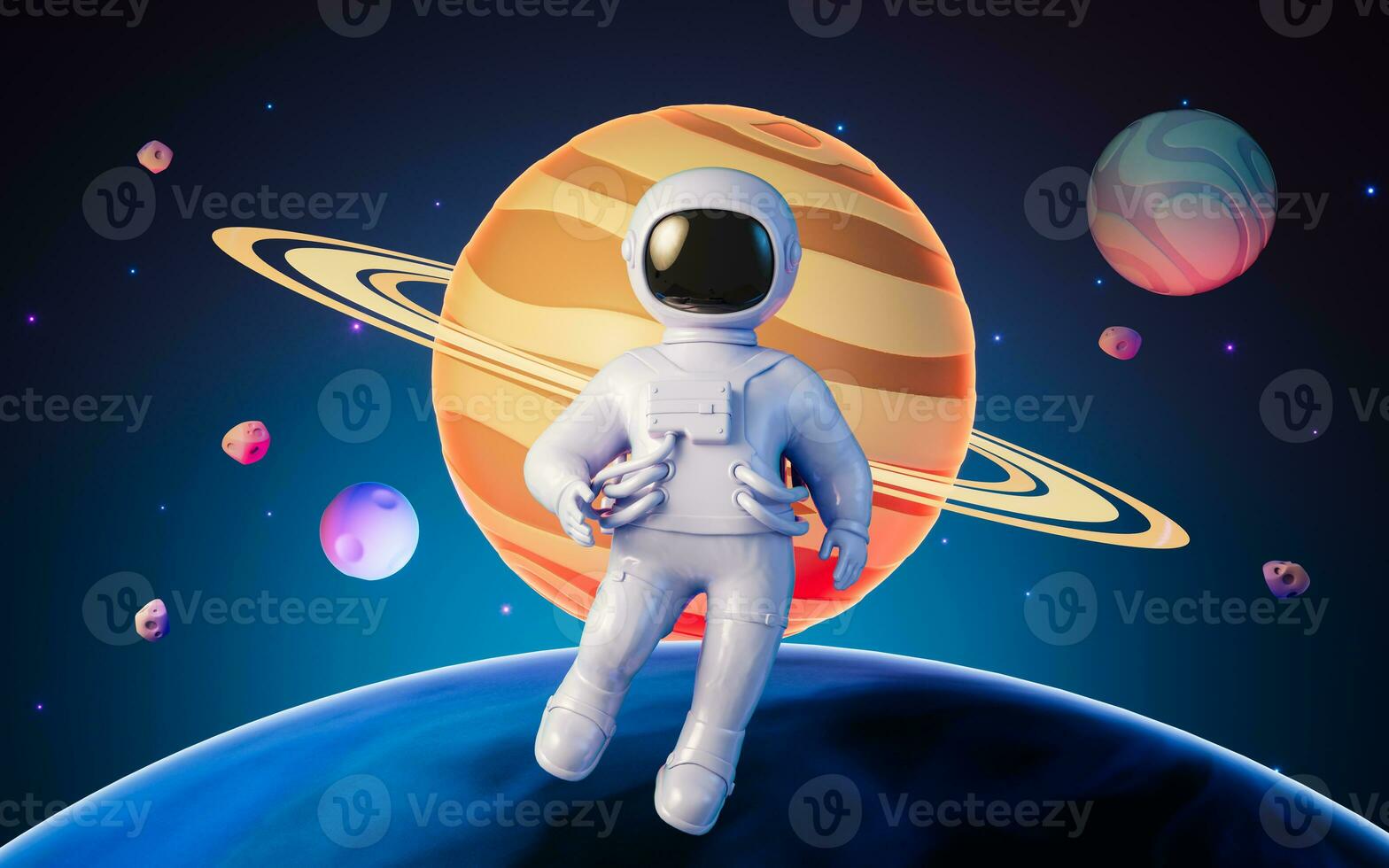 Cartoon spaceman with outer space background, 3d rendering. photo
