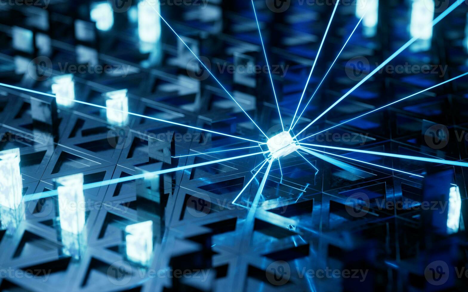 Digital circuit board with glowing neon lines, 3d rendering. photo
